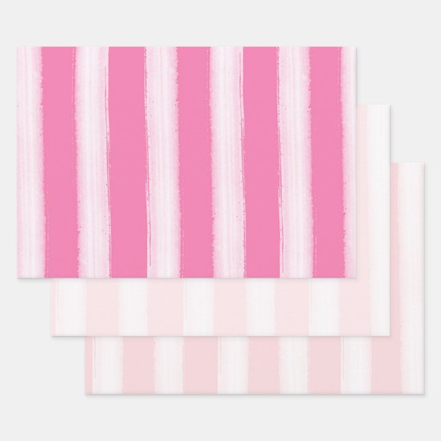 Girly Pink White Stripes  Wrapping Paper Sheet (Set)
