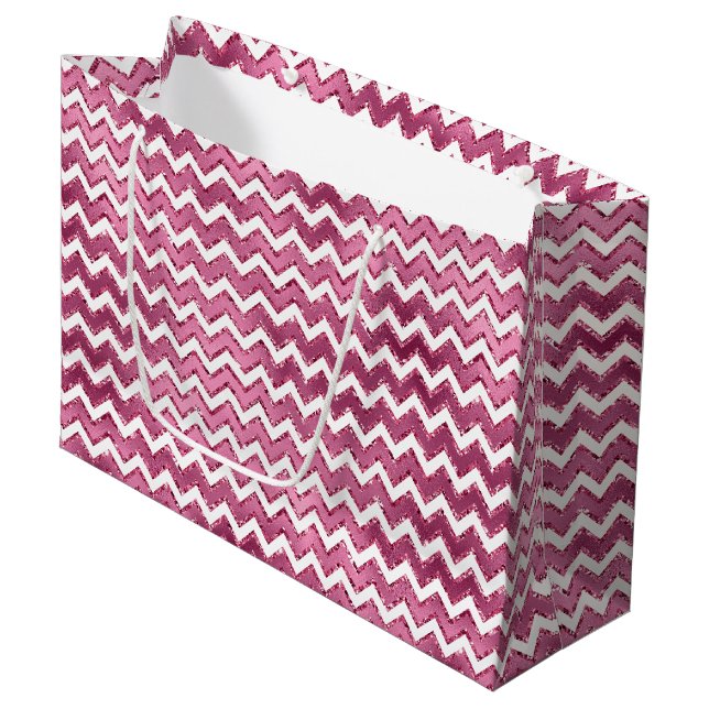 Girly Pink White Zigzag Stripes Large Gift Bag (Front Angled)