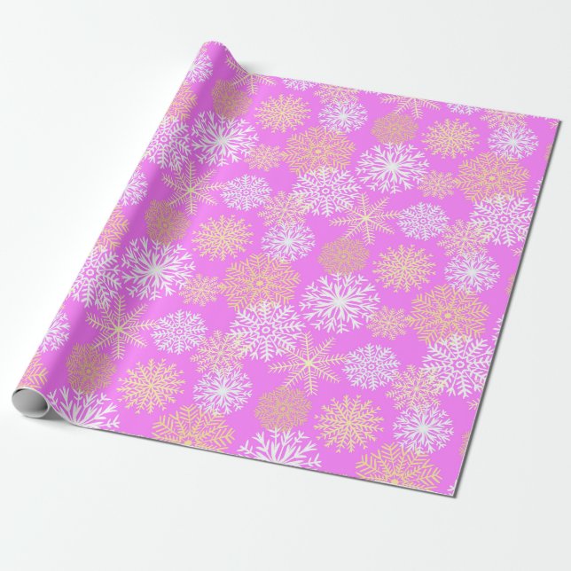 Girly Pink Winter Snowflakes Pattern Christmas Wrapping Paper (Unrolled)
