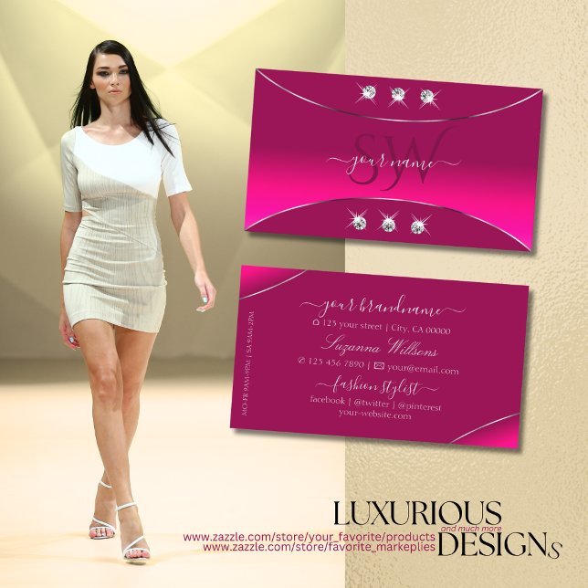 Girly Pink with Silver Decor Diamonds and Monogram Business Card (Creator Uploaded)