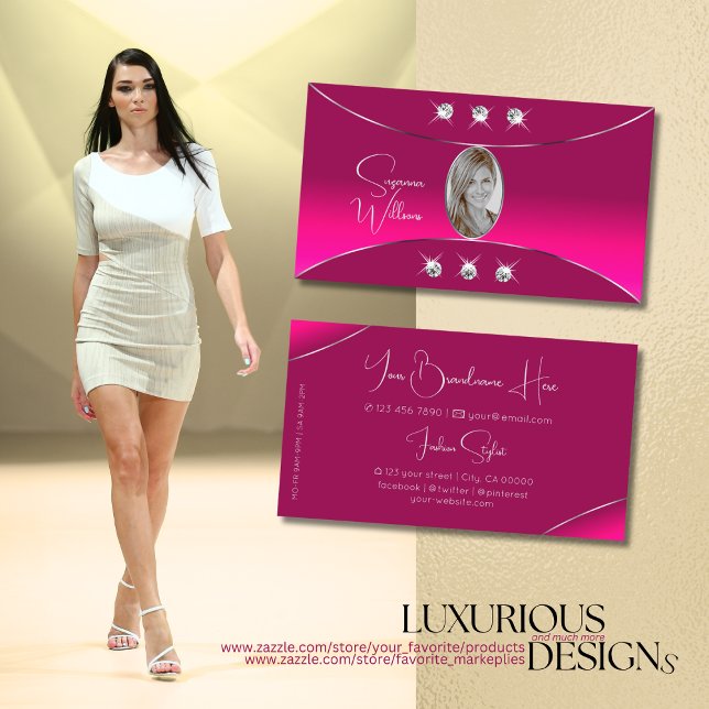 Girly Pink with Silver Decor Diamonds and Photo Business Card (Creator Uploaded)