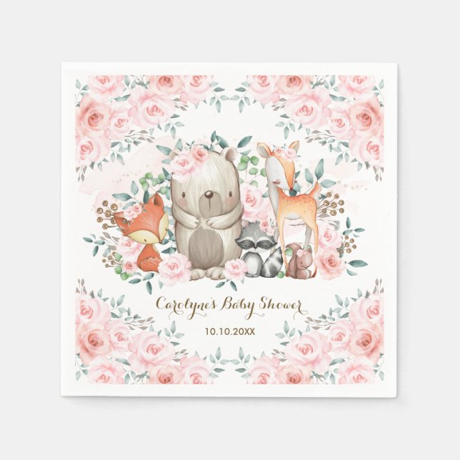 Girly Pink Woodland Baby Animals Forest Flowers Napkin (Front)
