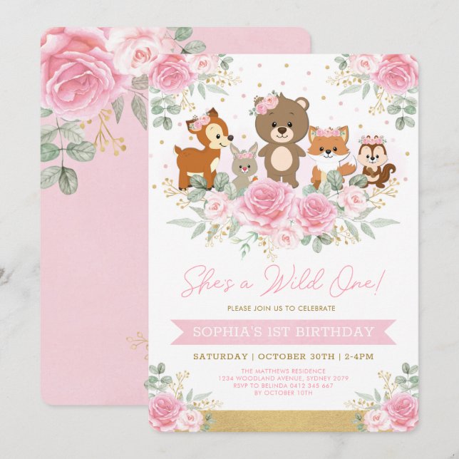 Girly Pink Woodland Floral Wild One 1st Birthday Invitation (Front/Back)
