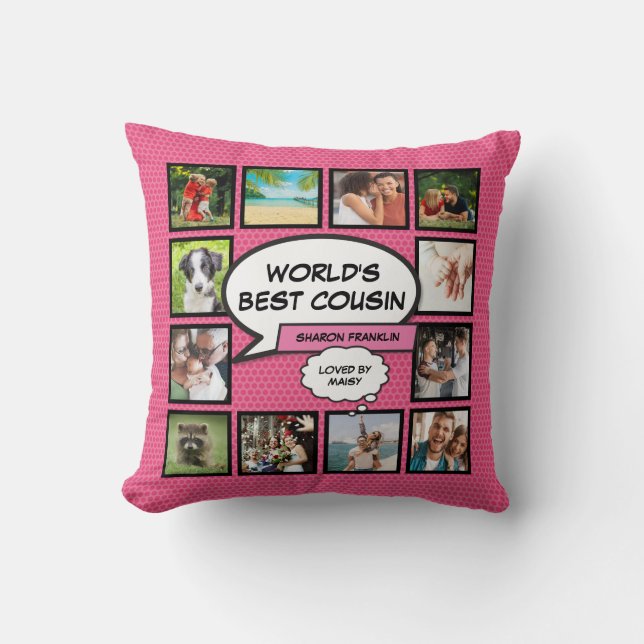 Girly Pink World's Best Cousin Fun Photo Collage Cushion (Front)
