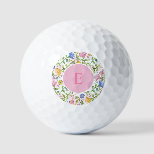 Girly Pink Yellow Blue Monogram Flower Golf Balls (Front)