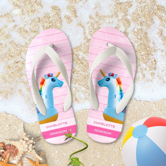 Girly Pink Yellow Blue Unicorn Name Kid's Flip Flops (Girly Pink Yellow Blue Unicorn Name Kid's Flip Flops ©Susanne Sachers - Sunny Mind 🌞)