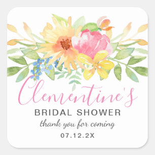 Girly Pink Yellow Floral Bridal Shower Thank You Square Sticker