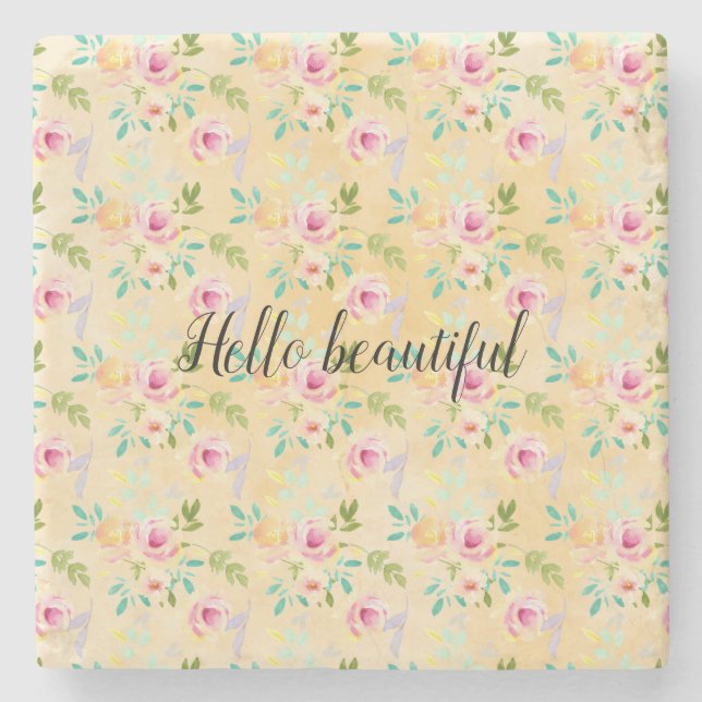 Girly Pink Yellow Floral Stone Coaster (Front)
