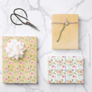 Girly Pink Yellow Floral Wrapping Paper Sheet