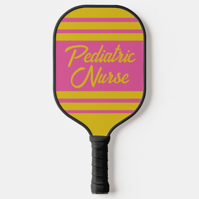 Girly Pink Yellow Striped Paediatrics Nurse  Pickleball Paddle (Front)