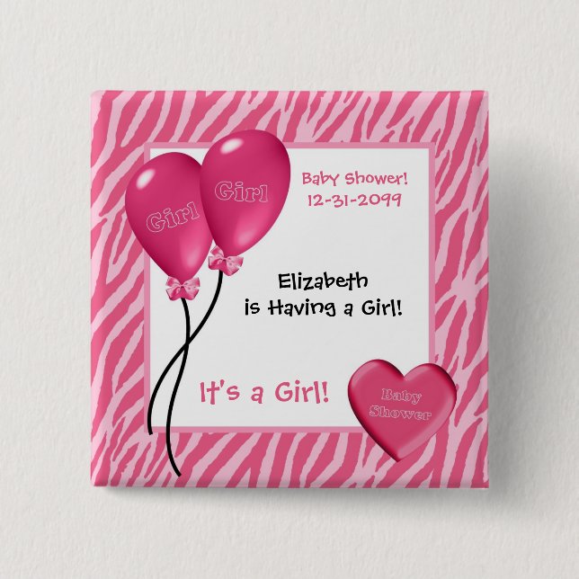 Girly Pink Zebra Print Girl Baby Shower 15 Cm Square Badge (Front)
