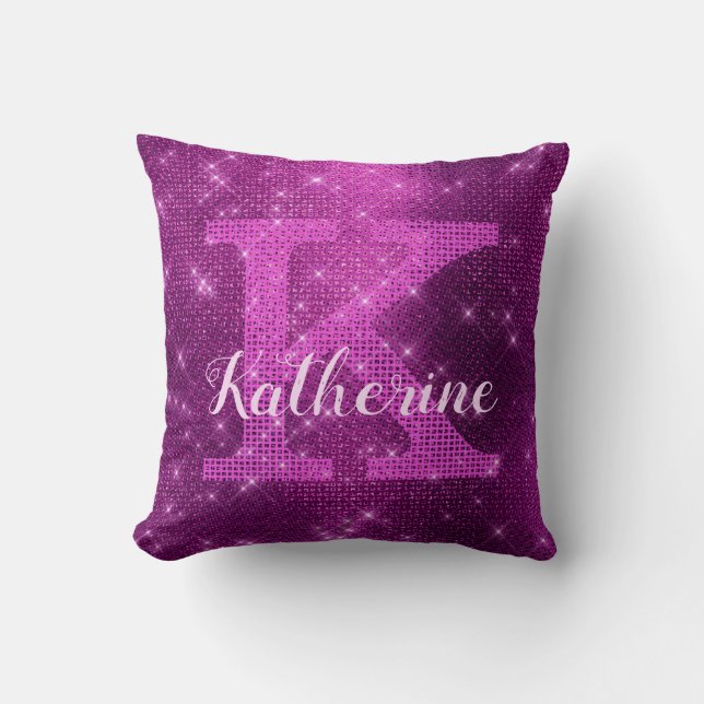 Girly Plum Purple Chic Glam Sparkle Monogram Name Cushion (Front)