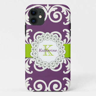 Girly Plum Purple Green Swirls Floral Pattern iPhone 11 Case