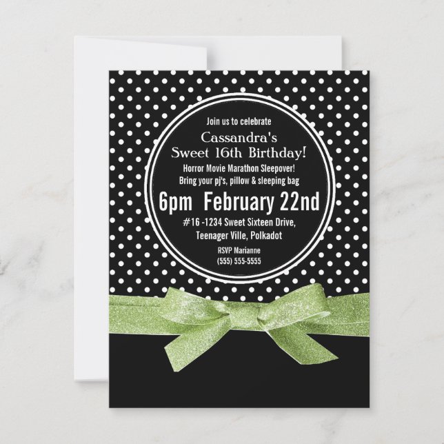 Girly Polka Dots Sweet 16 Lime Green Ribbon Invitation (Front)