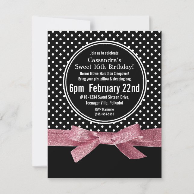Girly Polka Dots Sweet 16 pink Ribbon Invitation (Front)