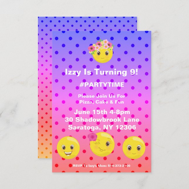 Girly Polkadot Emoji Birthday Invitation (Front/Back)