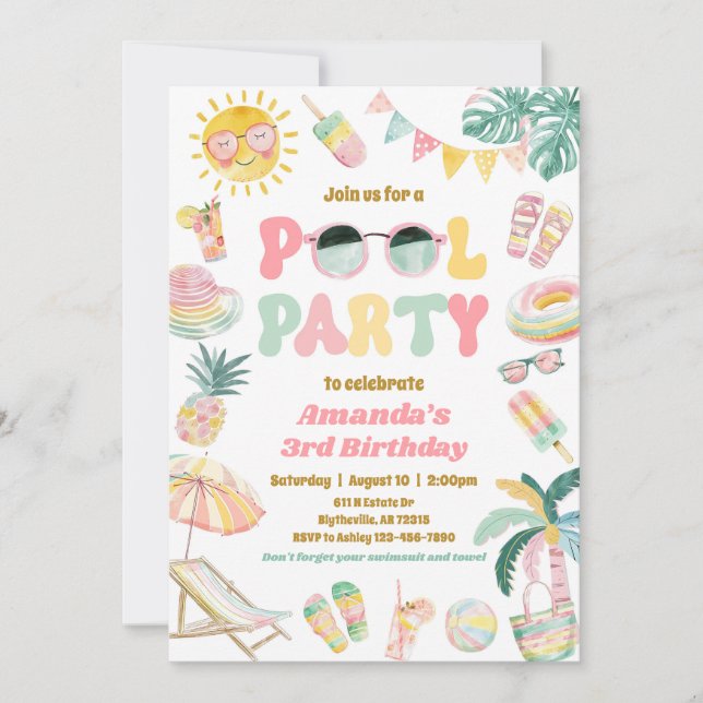 Girly Pool Party Birthday Invitation (Front)