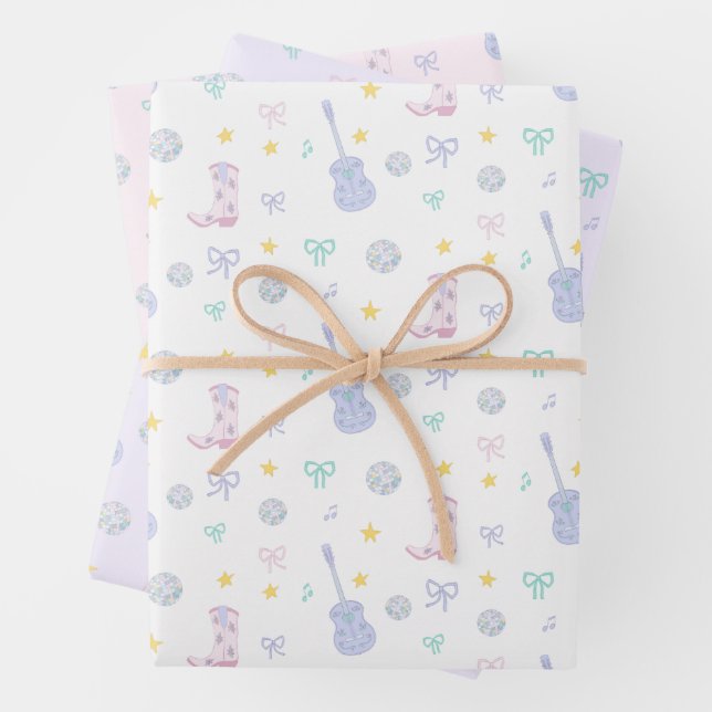 Girly Pop Rockstar Pastel Guitar Cowgirl Party Wrapping Paper Sheet (In situ)