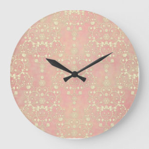 Girly Powder Puff Pink Peach Damask Large Clock