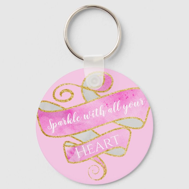 Girly Pretty Blush Pink Gold Glitter Sparkle Heart Key Ring (Front)