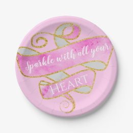 Girly Pretty Blush Pink Gold Glitter Sparkle Heart Paper Plate