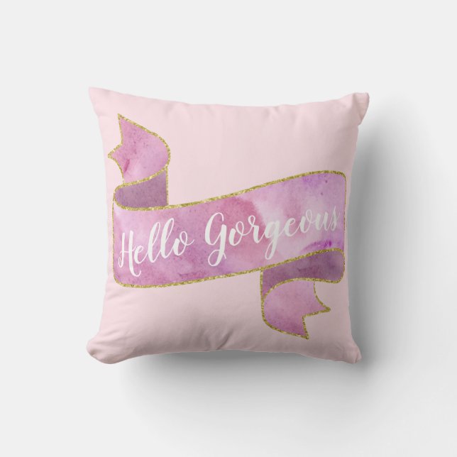 Girly Pretty Blush Pink Hello Gorgeous Gold Ribbon Cushion (Front)