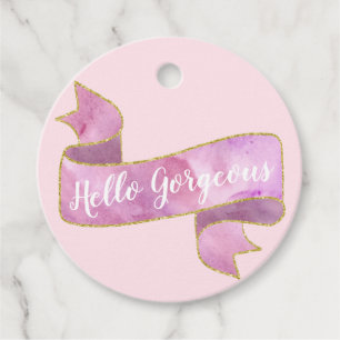 Girly Pretty Blush Pink Hello Gorgeous Gold Ribbon Favour Tags
