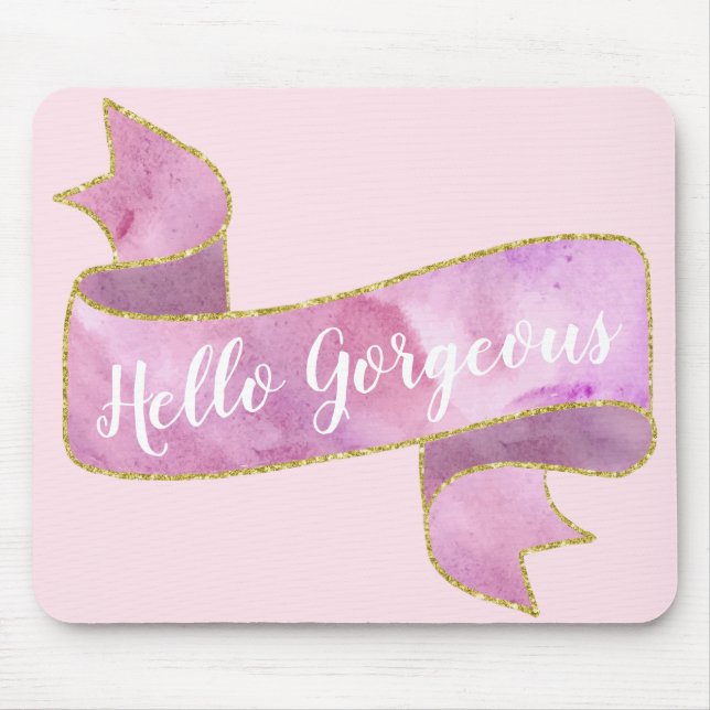 Girly Pretty Blush Pink Hello Gorgeous Gold Ribbon Mouse Mat (Front)
