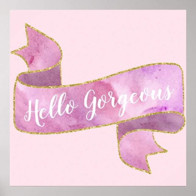 Girly Pretty Blush Pink Hello Gorgeous Gold Ribbon Poster (Front)