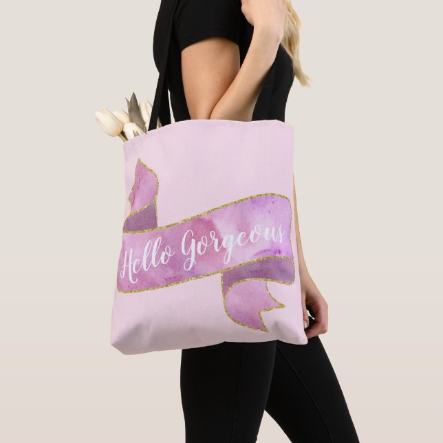 Girly Pretty Blush Pink Hello Gorgeous Gold Ribbon Tote Bag (Close Up)