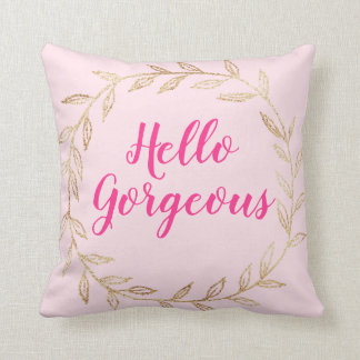 Girly Pretty Blush Pink Hello Gorgeous Gold Wreath Cushion