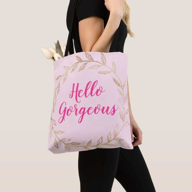 Girly Pretty Blush Pink Hello Gorgeous Gold Wreath Tote Bag (Close Up)