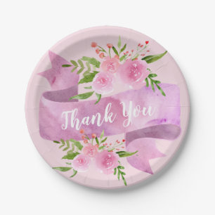 Girly Pretty Chic Floral Blush Pink Rose Thank You Paper Plate