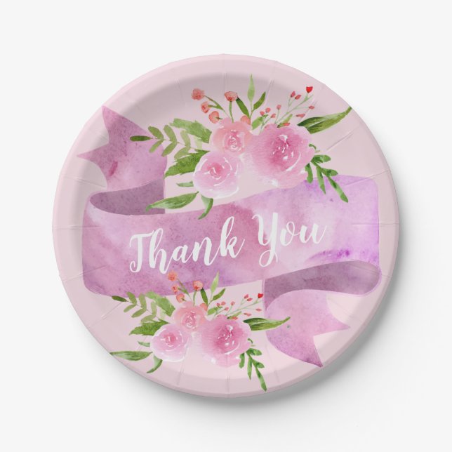 Girly Pretty Chic Floral Blush Pink Rose Thank You Paper Plate (Front)