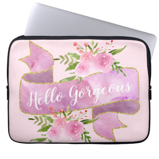 Girly Pretty Floral Blush Pink Hello Gorgeous Gold Laptop Sleeve (Front)