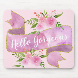 Girly Pretty Floral Blush Pink Hello Gorgeous Gold Mouse Mat