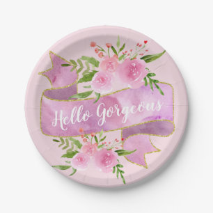 Girly Pretty Floral Blush Pink Hello Gorgeous Gold Paper Plate