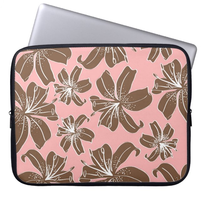 Girly Pretty Pink and Brown Floral Print Line Art Laptop Sleeve (Front)