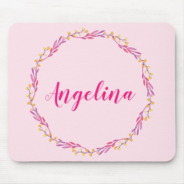 Girly Pretty Pink Floral Wreath Personalised Name Mouse Mat (Front)