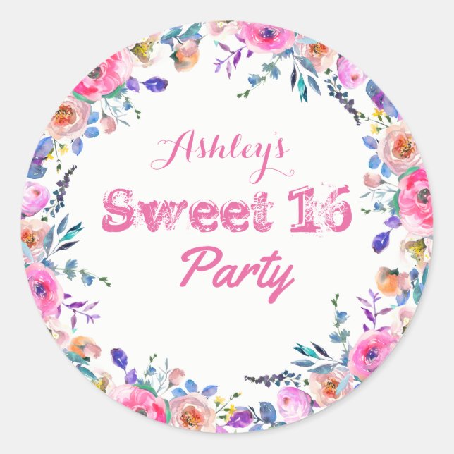 Girly Pretty Tropical Pink Flower Sweet 16 Classic Round Sticker (Front)