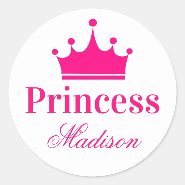 Girly Pretty White & Hot Pink Princess Crown Name Classic Round Sticker (Front)