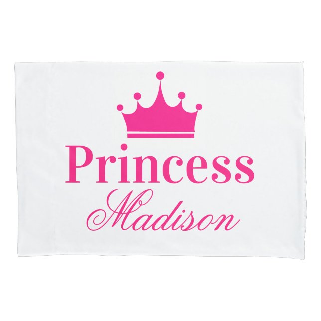 Girly Pretty White & Hot Pink Princess Crown Name Pillowcase (Front)