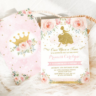 Girly Princess Blush Pink Gold Floral Birthday Invitation