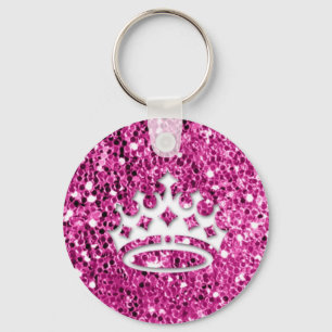 Girly Princess Crown on Pink Glitter Look Key Ring