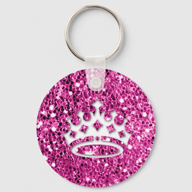 Girly Princess Crown on Pink Glitter Look Key Ring (Front)
