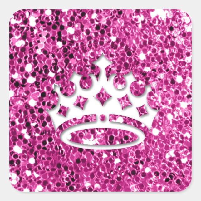 Girly Princess Crown on Pink Glitter Look Square Sticker (Front)