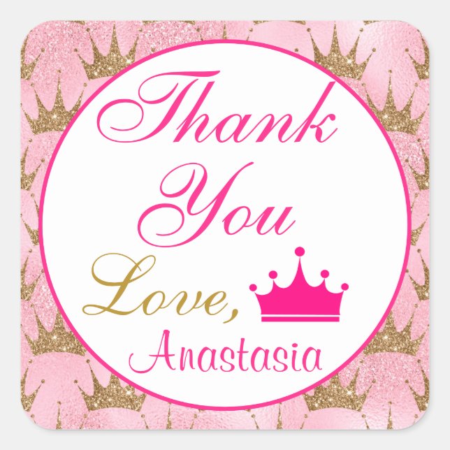 Girly Princess Hot Pink and Gold Glitter Thank You Square Sticker (Front)