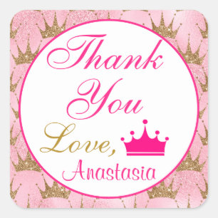 Girly Princess Hot Pink and Gold Glitter Thank You Square Sticker