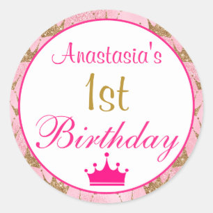 Girly Princess Hot Pink Gold Glitter 1st Birthday Classic Round Sticker