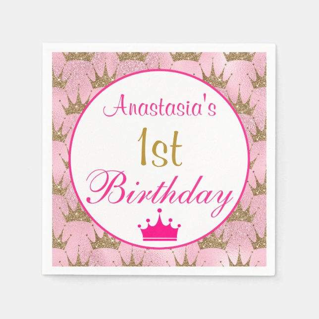 Girly Princess Hot Pink Gold Glitter 1st Birthday Napkin (Front)